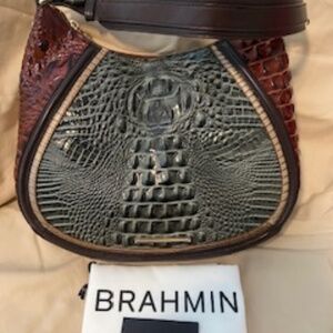Brahmin Rare Gold trimmed Amira Melbourne Embossed Leather Pecan & Smoke Grey